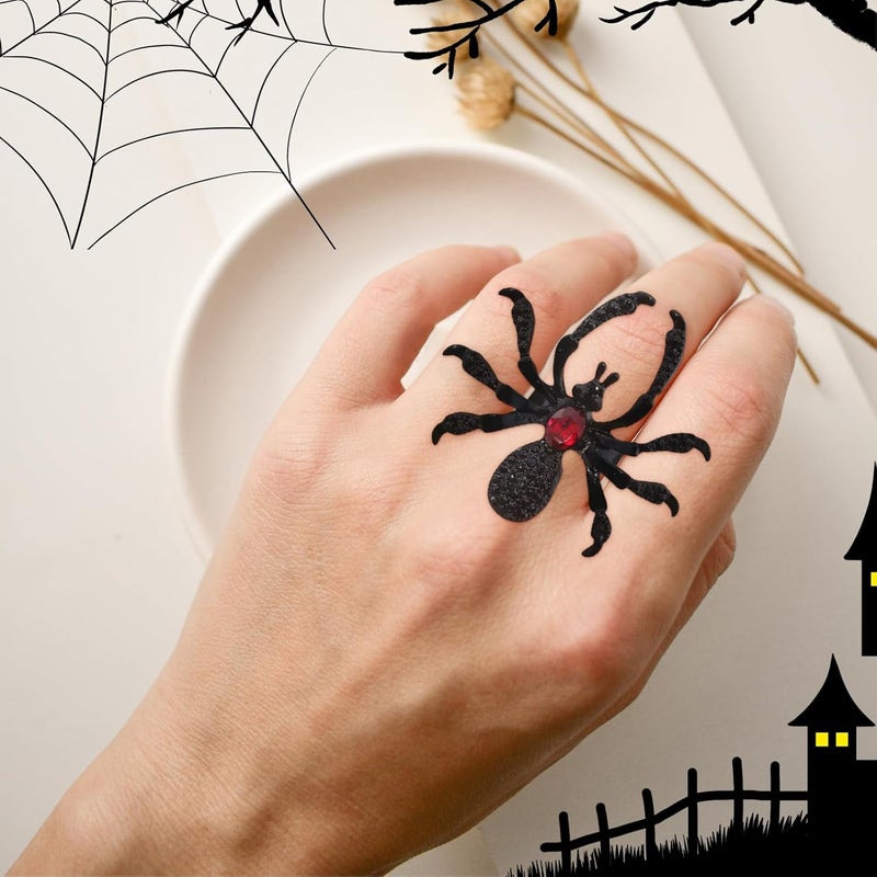 ANGLEQUEEN Punk Halloween Spider Rings for Women Knuckle Black Spider Web Bat Ring Gothic Vintage Dark Crystal Ring Red Rhinestone Statement Rings Halloween Witch Jewelry - Image 3